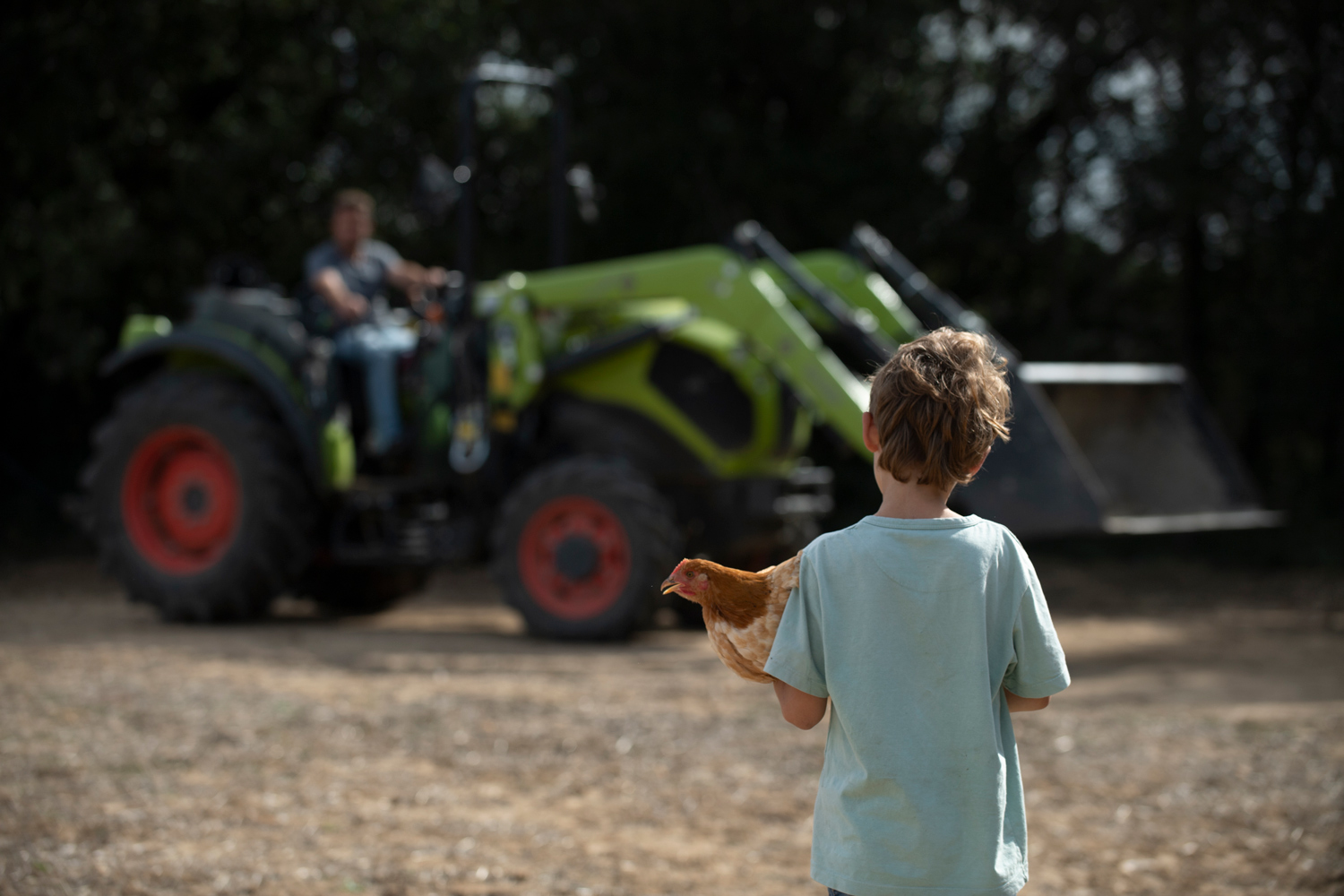 Fotografia d'un nen observant un vehicle agrícola de Debosc: Agroecologia Conscient.